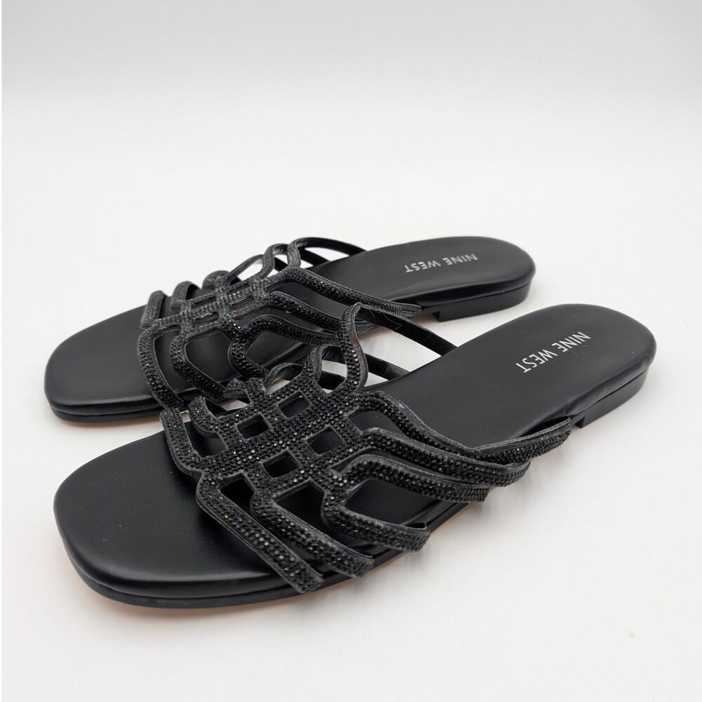 Nine West Timy Embellished Flat Sandals Open Toe Women's Black Size US9M EU40